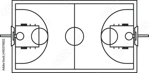 Basketball court diagram top view isolated on white background, minimal outline sports field layout illustration