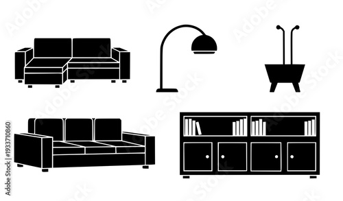 Geometric Black and White Living Room Furniture Silhouette Icons with Sectional Sofa and Bookshelf