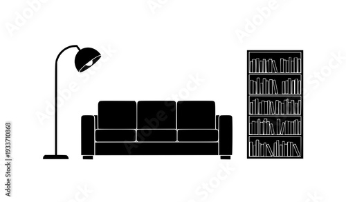 Minimal Black and White Living Room Furniture Silhouette with Sofa Floor Lamp and Bookshelf Vector