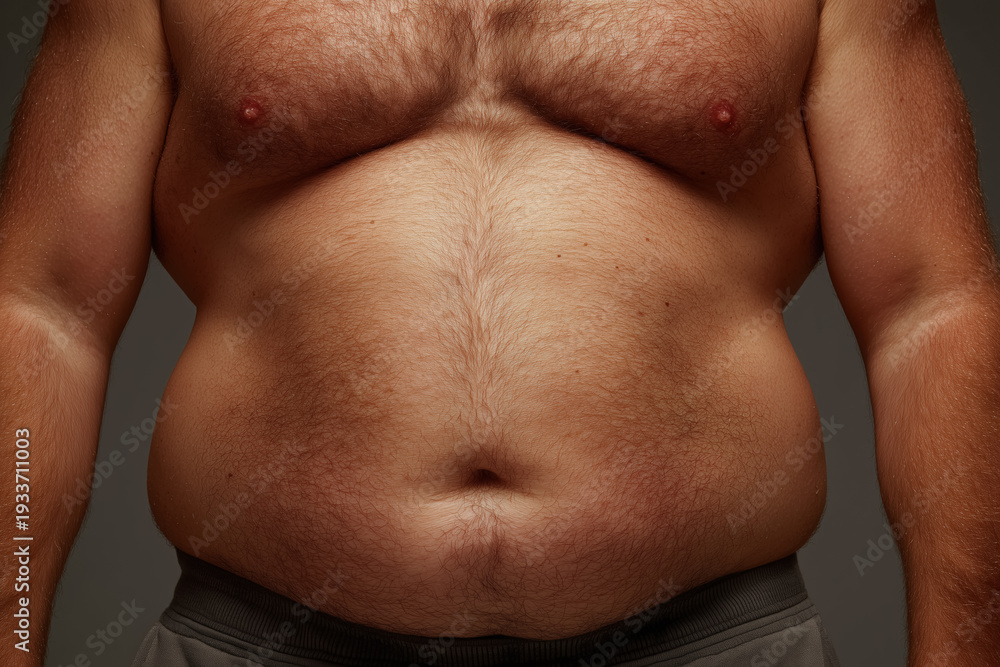 Naklejka premium Close-up of adult man's bare chest and stomach displaying natural hair and skin texture