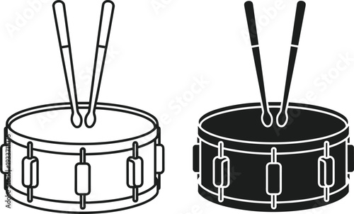 Snare drum icon set, outline and solid percussion instrument with drumsticks music band vector illustration