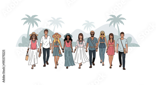 This flat design vector illustration showcases a diverse group of stylish festival-goers in boho-chic attire, embodying the vibrant fashion culture of a music and arts event. 