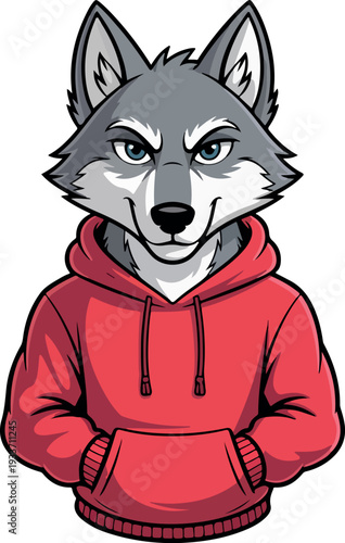 Confident Gray Wolf Wearing Red Hoodie as a Sporty Mascot Illustration