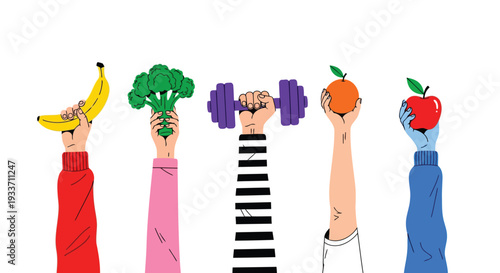 Multiple Hands Raised High Holding Healthy Items Like Banana Broccoli Dumbbell Orange And Apple Highlighting Nutritional Balance And Regular Physical Exercise