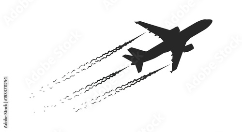 A dark airplane flies across a bright white sky leaving a contrail a striking silhouette high quality