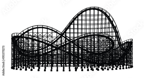 A detailed black outline depicts a classic wooden roller coaster structure rendered as a silhouette high quality professional