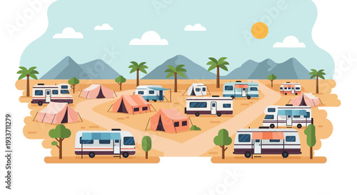 This flat design vector illustration showcases a well-organized festival camping and glamping site, complete with stylish tents and RVs under the desert sun. 