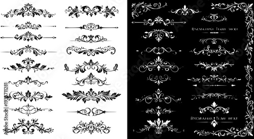 Elegant Ornamental Flourishes, Dividers  Borders Set. Vintage Black  White Decorative Design Elements with Floral Swirls for Frames  Accents.