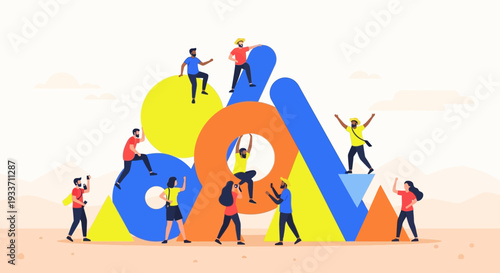 This flat design vector illustration captures diverse festival attendees joyfully interacting with a striking, abstract art installation in the desert landscape. 