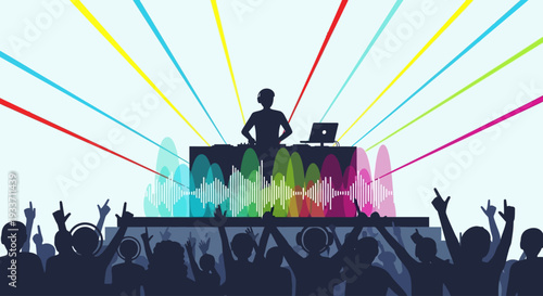 An energetic flat design vector illustration captures a DJ performing on stage, surrounded by dynamic lights and sound waves, with an excited crowd dancing below. 