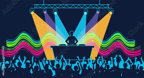 An energetic flat design vector illustration captures a DJ performing on stage, surrounded by dynamic lights and sound waves, with an excited crowd dancing below. 