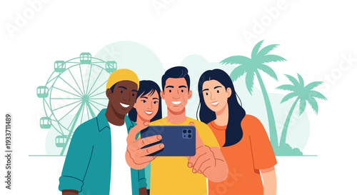 This flat design vector illustration depicts a diverse group of friends happily taking a selfie, capturing their joyous festival experience with iconic landmarks in the background. 