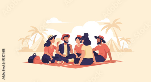 This flat design vector illustration depicts a diverse group of friends relaxing together during a peaceful festival morning, enjoying camaraderie amidst the desert landscape. 
