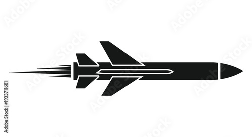 A sleek black missile flies dynamically through the air leaving trails of fire a striking silhouette