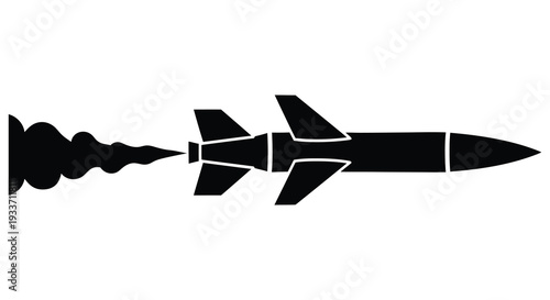 A stark black rocket soars dynamically through space leaving a trail of smoke a silhouette high quality