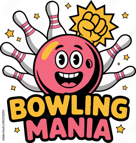 Excited Bowling Ball Character Striking Pins with Energetic Mania Text