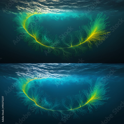 Cinematic visualization of the dynamic response of phytoplankton to nutrient depletion and changing light levels within the ocean ecosystem