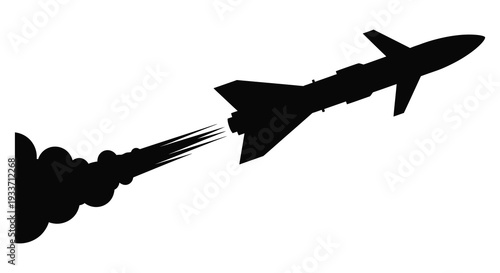 A sleek dark jet fighter aircraft soars through the sky leaving a trail of smoke silhouette