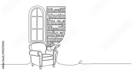 Vintage Armchair and Bookshelf Illustration.