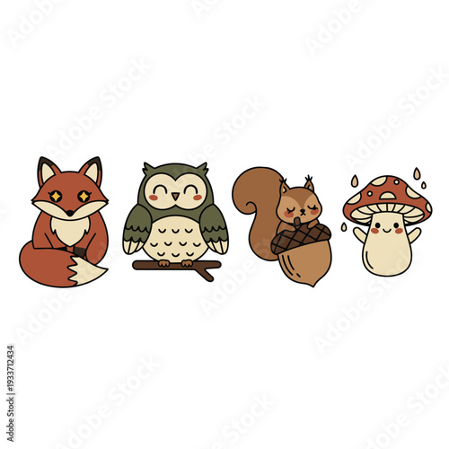 Four vector doodles of cute forest animals. A small, rounded fox with bright eyes, a cheerful owl with large feathers, a shy little squirrel, and a happy mushroom. Soft, consistent black vector