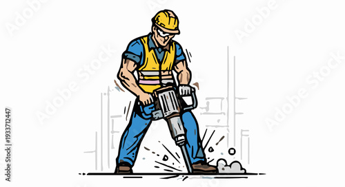 Construction Worker Operating Jackhammer on Site.
