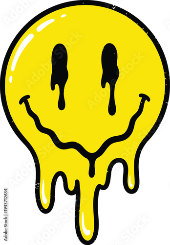 Melting Smiley Face Dripping Vector Icon Retro 1970s Psychedelic Subculture Symbol