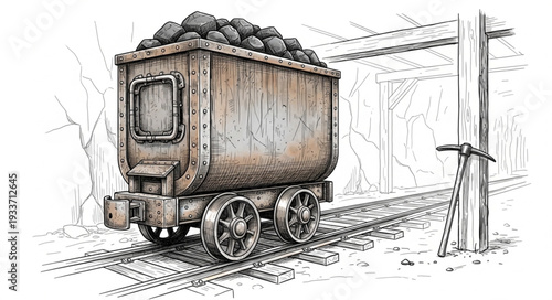 Vintage Coal Mine Cart Illustration.