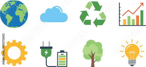 Sustainability and green energy icon set, renewable resources recycling growth chart eco friendly environment vector illustration