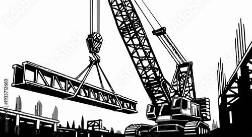 Crane Lifting Heavy Construction Beam Silhouette.