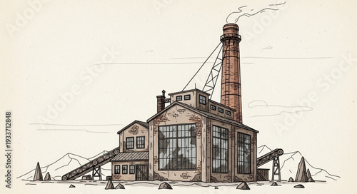 Vintage Industrial Factory Building Illustration.