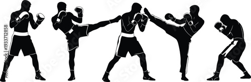 Boxing and kickboxing fighters silhouettes set, martial arts athletes isolated vector collection