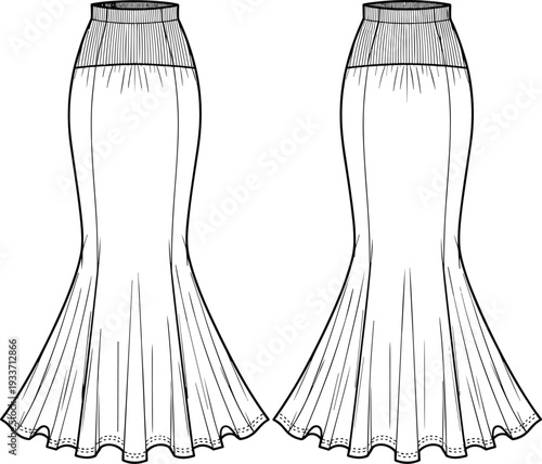 Elegant Mermaid Maxi Skirt Fashion Technical Drawing, High Waist Fitted Silhouette with Flared Hem, Front and Back View Line Art Illustration