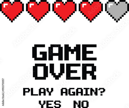 Pixelated Game Over Screen with Hearts and Play Again Option Vector