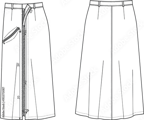 Women A Line Midi Skirt Technical Drawing with Front Zipper Detail and Side Pocket, Front and Back View Fashion Illustration
