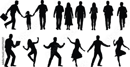 People silhouettes collection, family walking, business professionals and dancing couples isolated vector set