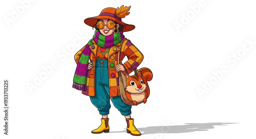 Vibrant Scarecrow Standing with Rooster Bag.