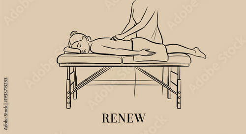 Line art illustration of a person receiving a relaxing back massage on a portable table, promoting renewal and well-being.