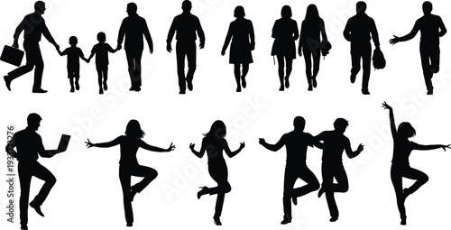 People silhouettes collection, men women and children walking, working and dancing isolated vector set
