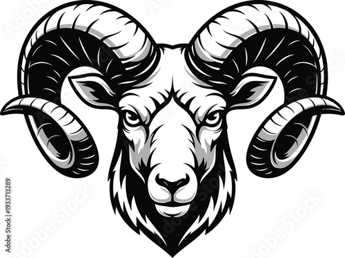 Ram Head Vector Art with Large Curved Horns Fierce Expression Animal Mascot