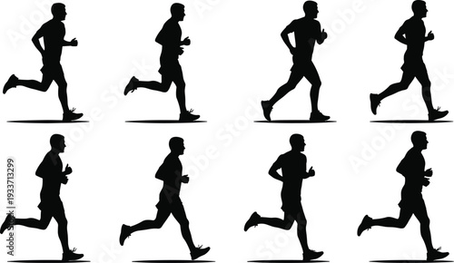 Running man silhouette sequence, male athlete jogging isolated vector illustration set on white background