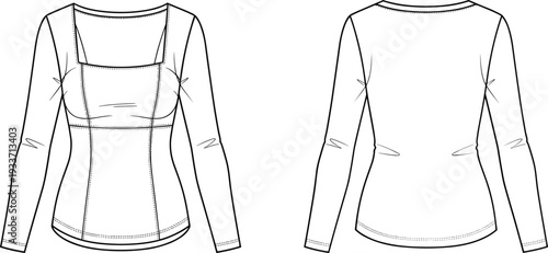 Women Long Sleeve Square Neck Top Technical Fashion Flat Sketch Front and Back View Fitted Bodice Line Art Illustration