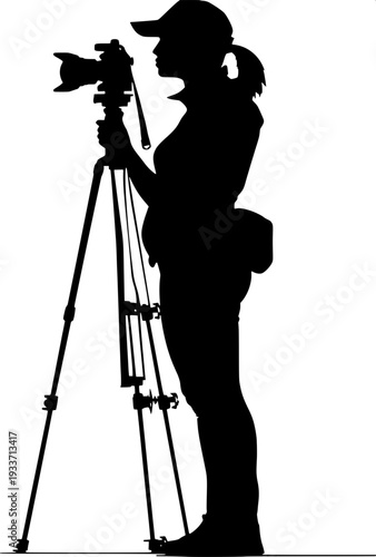 Surveyor engineer using theodolite on tripod, black outline vector illustration, side view worker wearing safety helmet, simple line art icon, white background