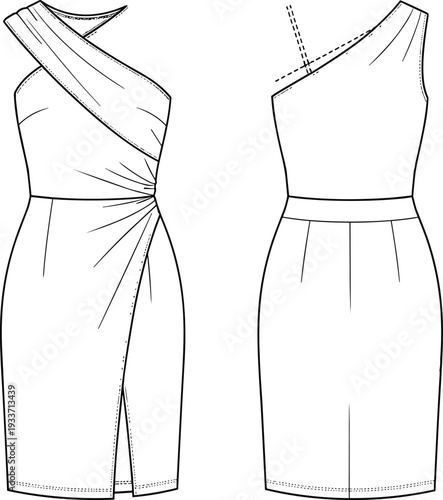 Women One Shoulder Draped Sheath Dress Technical Fashion Flat Sketch Front and Back View with Side Slit Detail