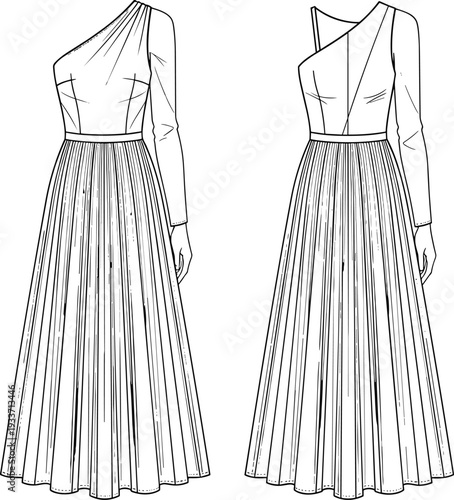 Women One Shoulder Pleated Maxi Dress Technical Drawing with Long Sleeve and Flowing Skirt, Front and Back View Illustration