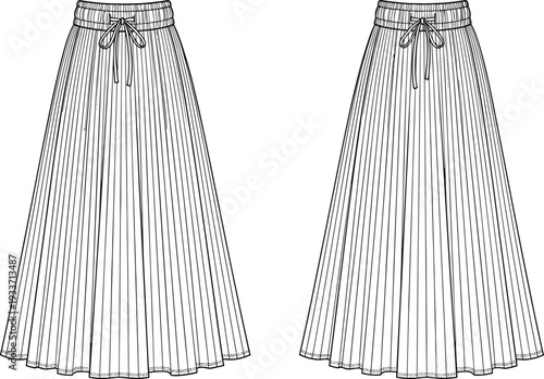Women Pleated Maxi Skirt Technical Fashion Flat Sketch Front and Back View with Elastic Waist and Drawstring Detail
