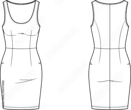 Women Sleeveless Bodycon Dress Technical Fashion Flat Sketch Front and Back View, Fitted Knee Length Sheath with Seam Details Outline Vector