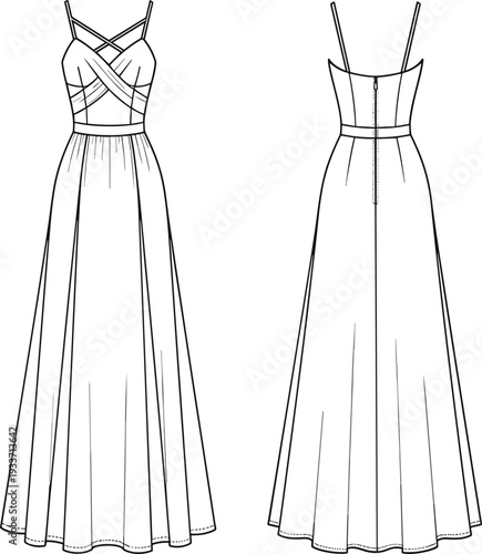 Women Spaghetti Strap Maxi Dress Technical Drawing with Criss Cross Bodice and Flowy Skirt, Front and Back View Illustration