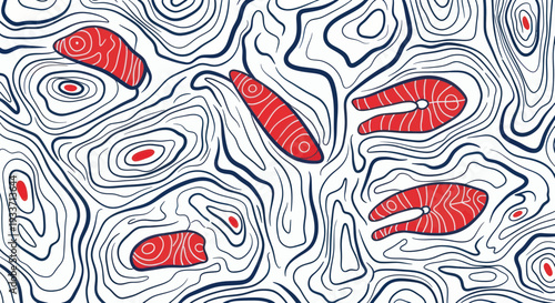 Abstract Salmon Fish Slices Pattern, Red and Blue Lines Texture