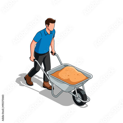 Man Pushing Wheelbarrow with Sand.