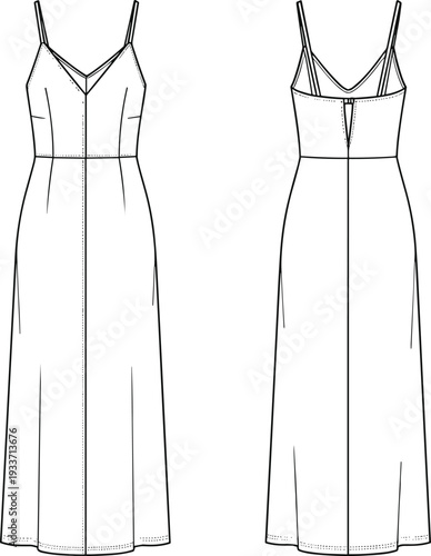 Women Spaghetti Strap Maxi Dress Technical Fashion Flat Sketch Front and Back View Minimalist Line Art Garment Illustration Template